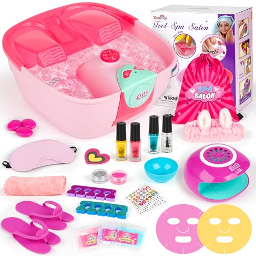 Kids Foot Spa & Nail Kit - Kids Spa Day Kit for Girls with Mask Foot Bath and Nail Dryer - Manicures Pedicure Toy Kit Nail Art Salon Girl Stuff - Christmas Birthday Gifts for 6 7 8 9 10-12 Year Old
