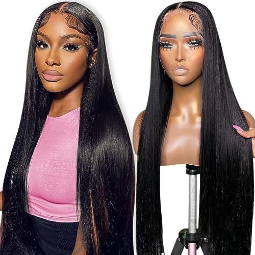 Flady 28 inch Straight HD Lace Front Wigs Human Hair Pre Plucked 180 Density 13x4 Glueless Bone Straight Human Hair Wigs For Black Women Transparent Lace Frontal Wig With Baby Hair
