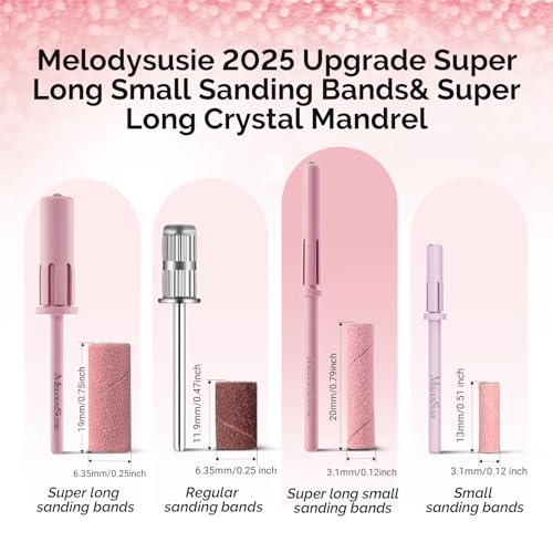 MelodySusie 50 Pcs Nail Drill Bits Super Long Small Sanding Bands with 3.1mm Crystal Mandrel Bit, 180 Fine Grit Nail File for Acrylic Nails Gel Manicures and Pedicure, Pink