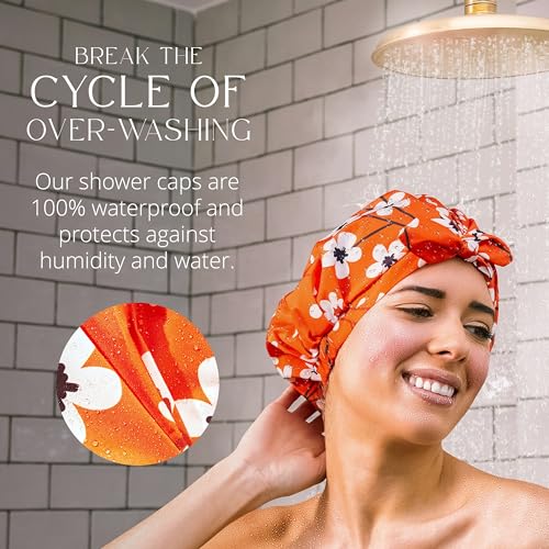 GRACE & COMPANY Luxury Shower Cap For Women - 100% Waterproof, Reusable, Washable & Breathable Shower Caps - Clementine