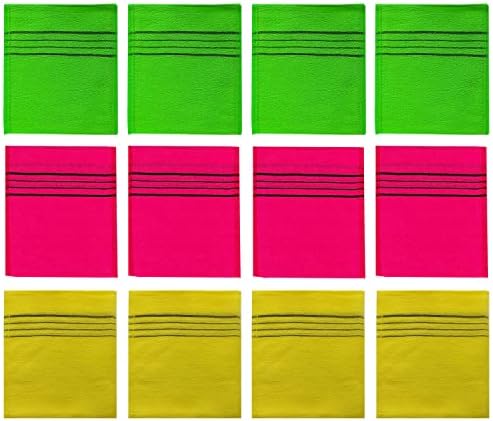 The Original Korean Exfoliating Mitt Body Scrub-12pcs (green4 red4 yellow4). Asian Exfoliating Bath Washcloth for Dead Skin, Bath Sponge,Body exfoliate Glove.