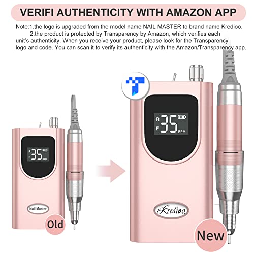 Kredioo Nail Drill, 35000RPM Nail Drills for Acrylic Nails Professional Cordless Electric File Rechargeable Portable Machine 6 Bits Dremel Tools for Women Manicure Pedicure Remove Gel Polish