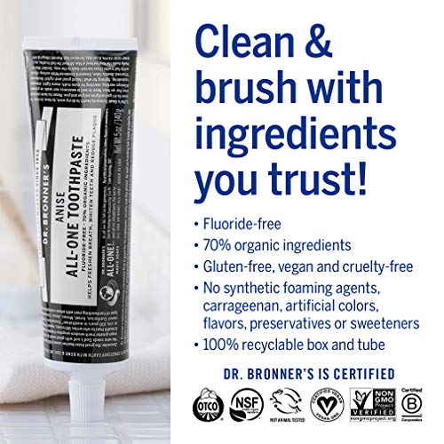 Dr. Bronner’s - All-One Toothpaste (Anise, 5 Ounce) - 70% Organic Ingredients, Natural and Effective, Fluoride-Free, SLS-Free, Helps Freshen Breath, Reduce Plaque, Whiten Teeth, Vegan