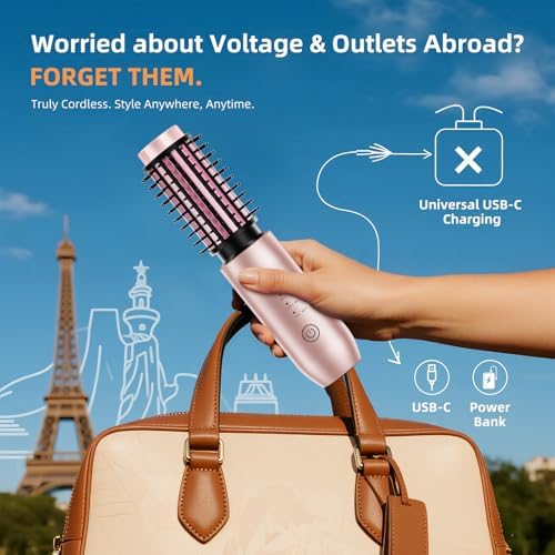 Cordless Curling Iron Brush, 1.5 Inch Mini Travel Hair Curler with 200 Million Negative Ions, Portable Heated Round Straightener Brush Rechargeable for Curl, Touch-Up, De-Frizz, Styling, Rose Gold