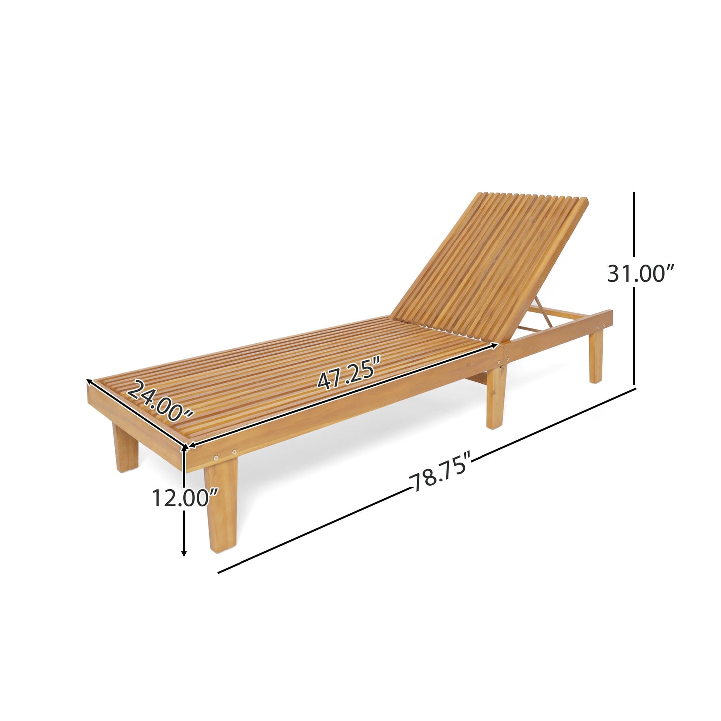 Shihatsusr Adjustable Teak Chaise Lounge - Waterproof Slatted Design, 3-Position Recline for Poolside & Patio, All-Weather Outdoor Lounge Chair