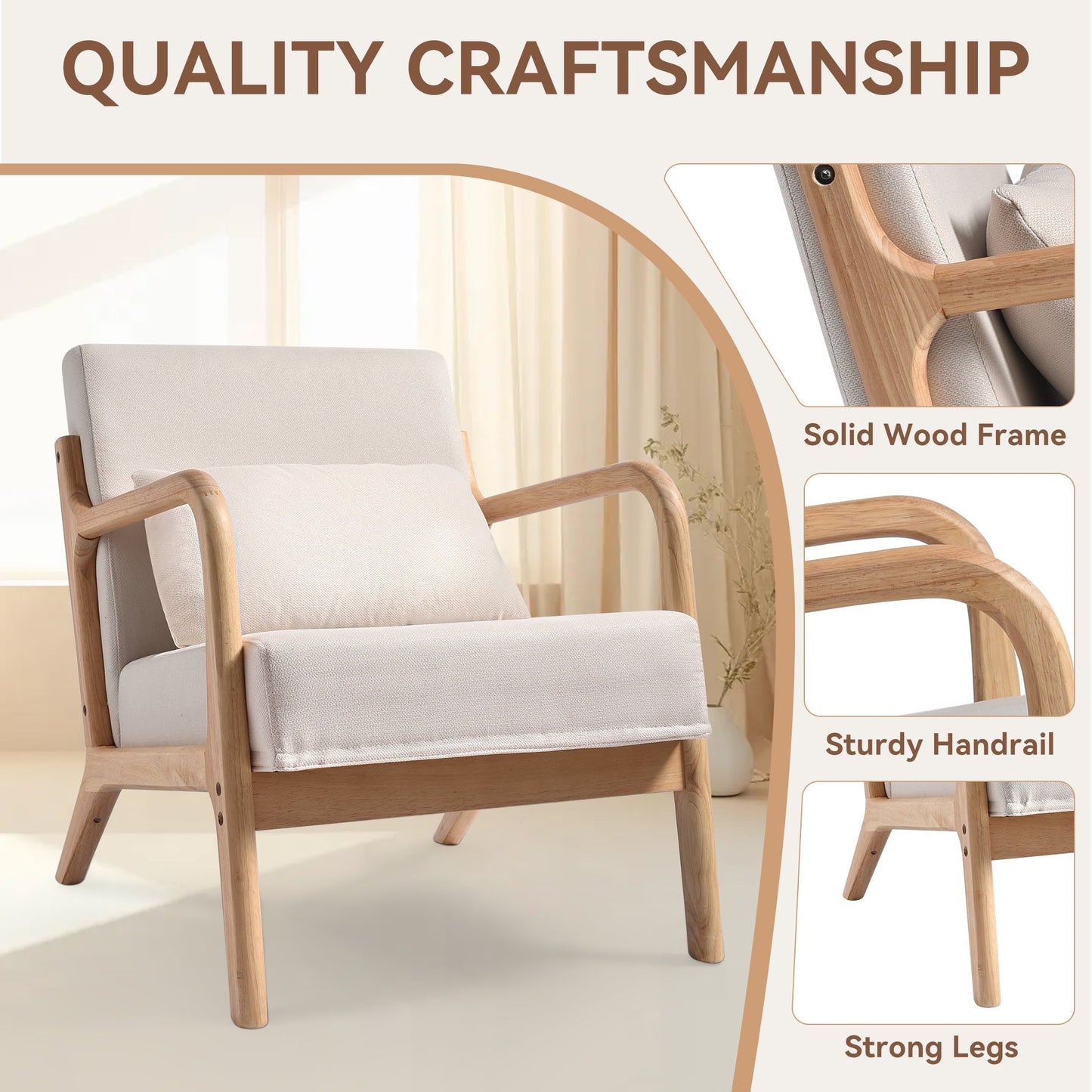 YEEZEE Mid Century Modern Chair - Solid Wood Accent chair with Ergonomic Armrests and Lumbar Pillow