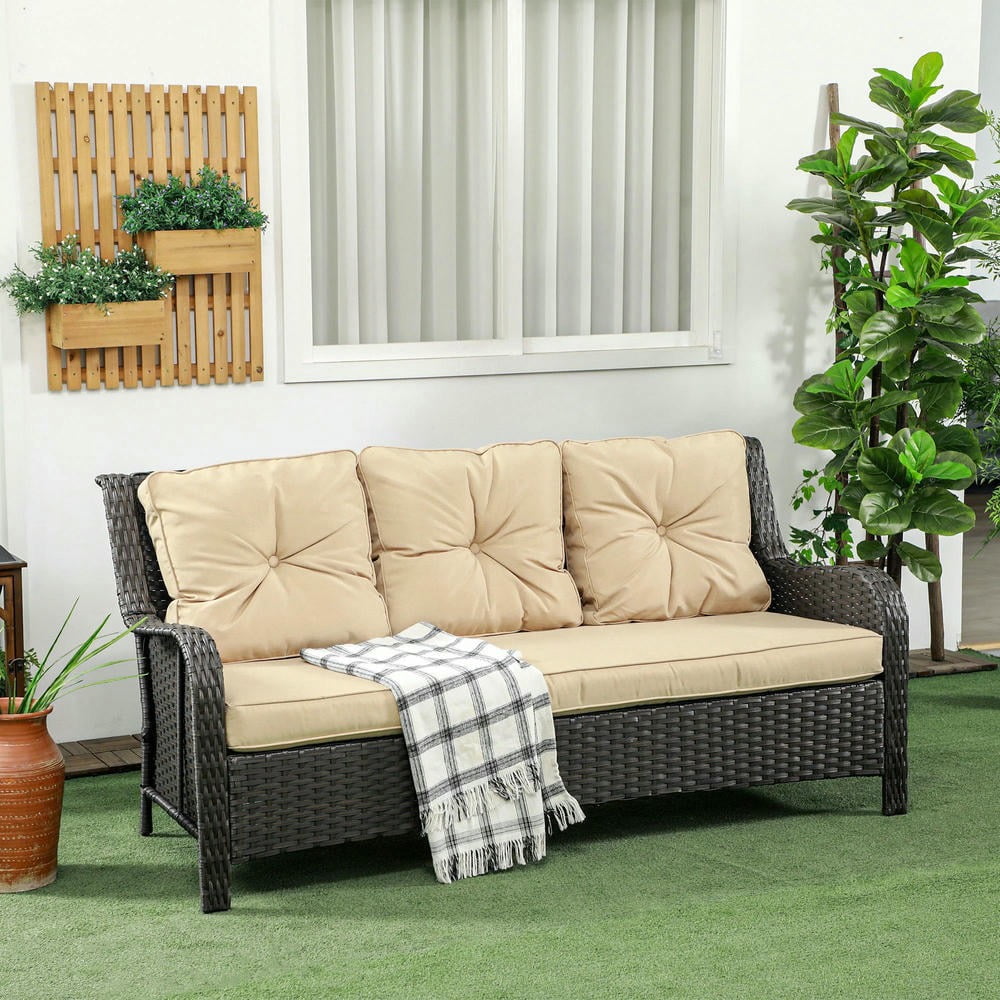 Barara King Patio Outdoor Sofa,3-Seater Outdoor Sofa w/ 4" Thick Cushions, Outdoor Couch, Beige