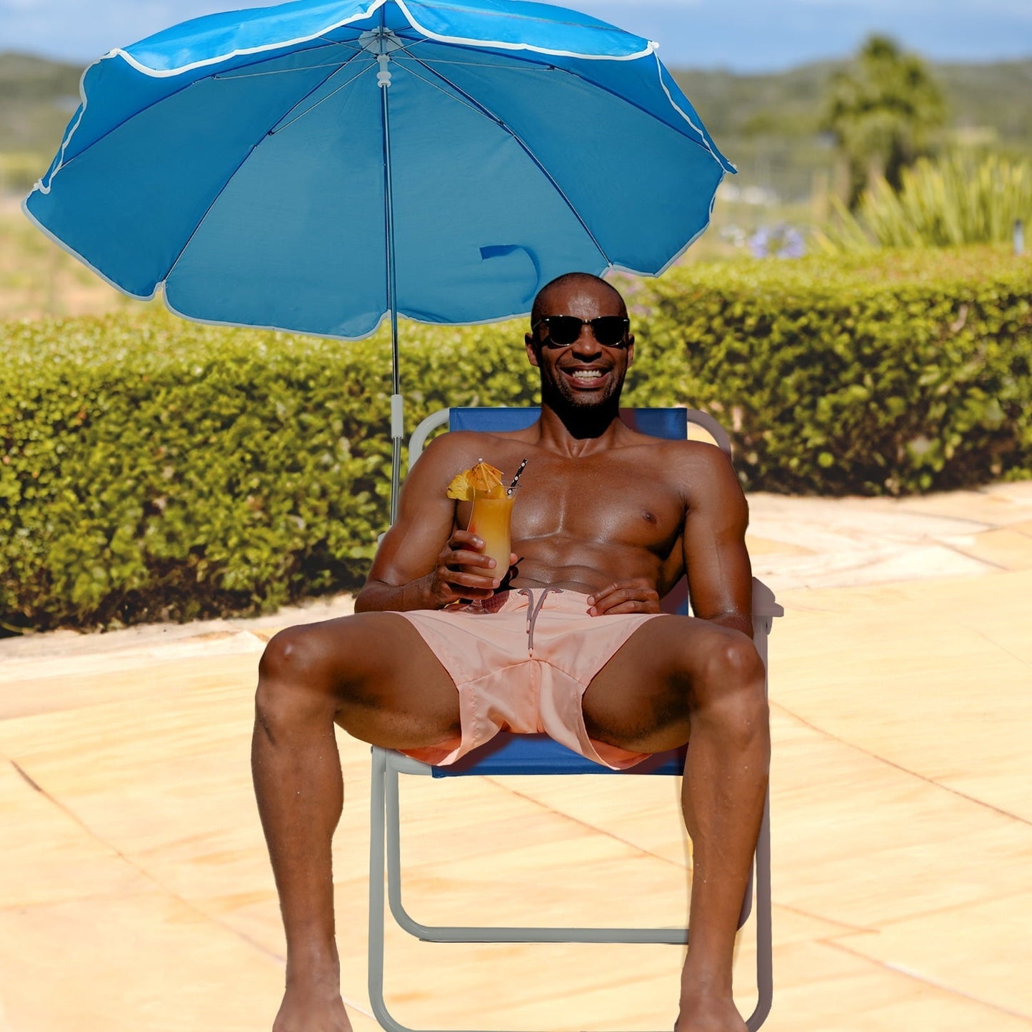 Ktaxon Folding Beach Chair with Umbrella, Portable Camping Chair for Adults, 265lbs Capacity, Lightweight, Blue