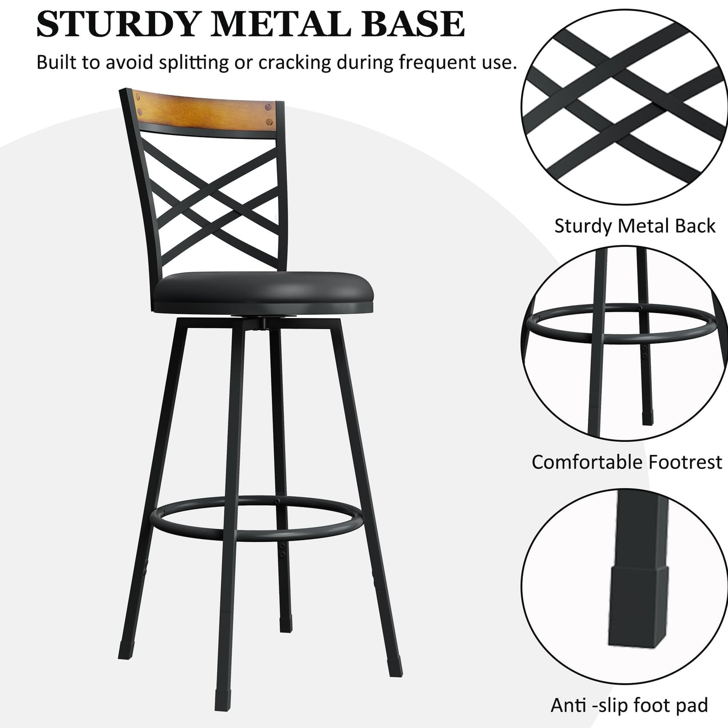 BOSHIRO Swivel Bar Stools Set of 2, 24–29” Adjustable Height Leather Kitchen Counter Chairs, 360° Rotation, Antique Bronze Frame, Black