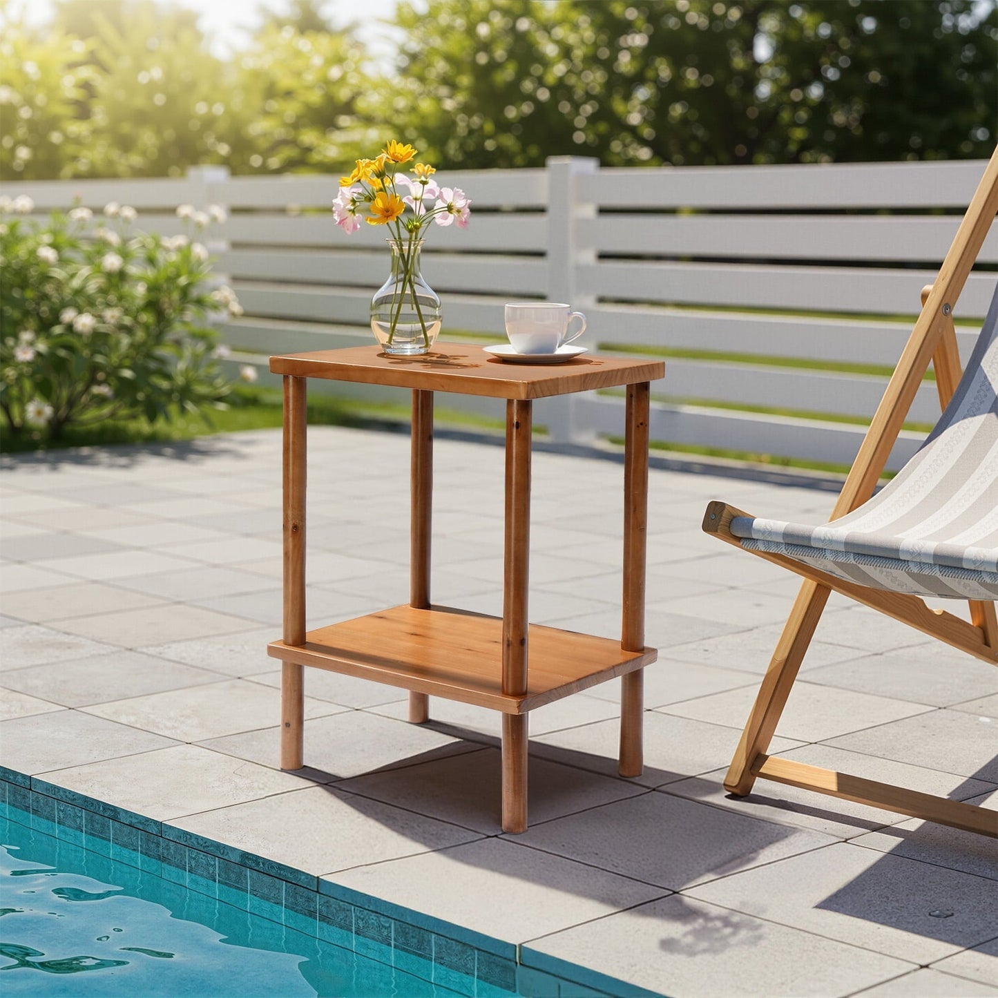 Ktaxon 2-Tier Outdoor Wood End Table, Weather Resistant Small Patio Side Table for Garden Patio Balcony Pool Indoor, Teak