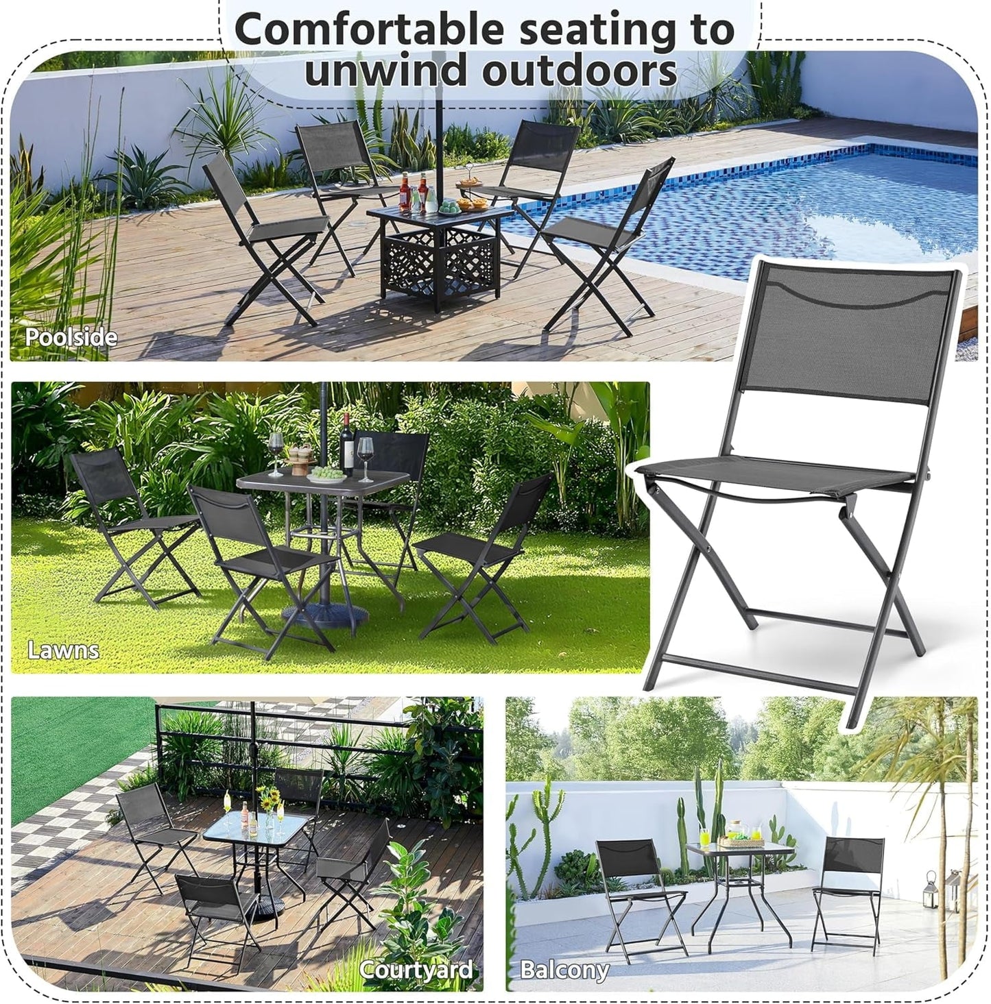 VibrantEcho Patio Portable Dining Chairs Set of 4 with Metal Frame, Outdoor Metal Folding Chairs with Backrests for Camping, Lawn, Yard, Beach, Black