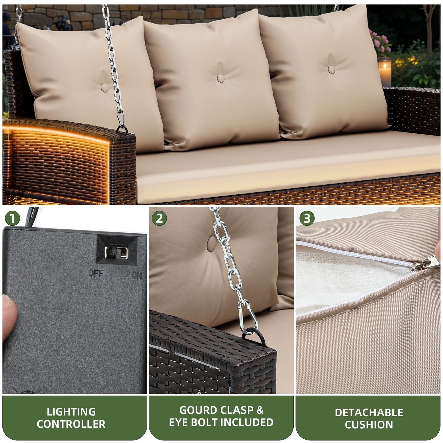 Uforic 3-Seat Outdoor Wicker Porch Swing with LED Lights & Brown Cushions, Patio Hanging Chair