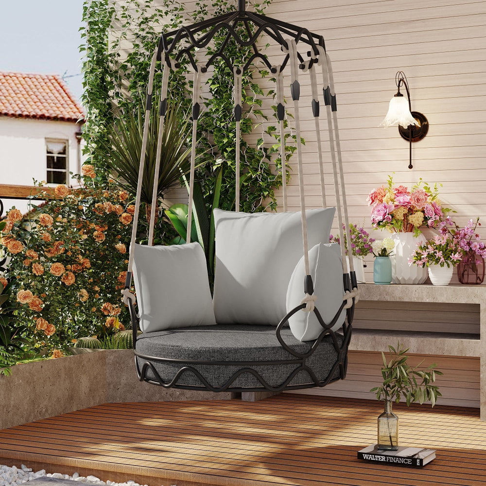 Baugery Hanging Egg Chair Without Stand, Outdoor Patio Egg Swing Chair for Patio Porch, Balcony (Beige/Grey)