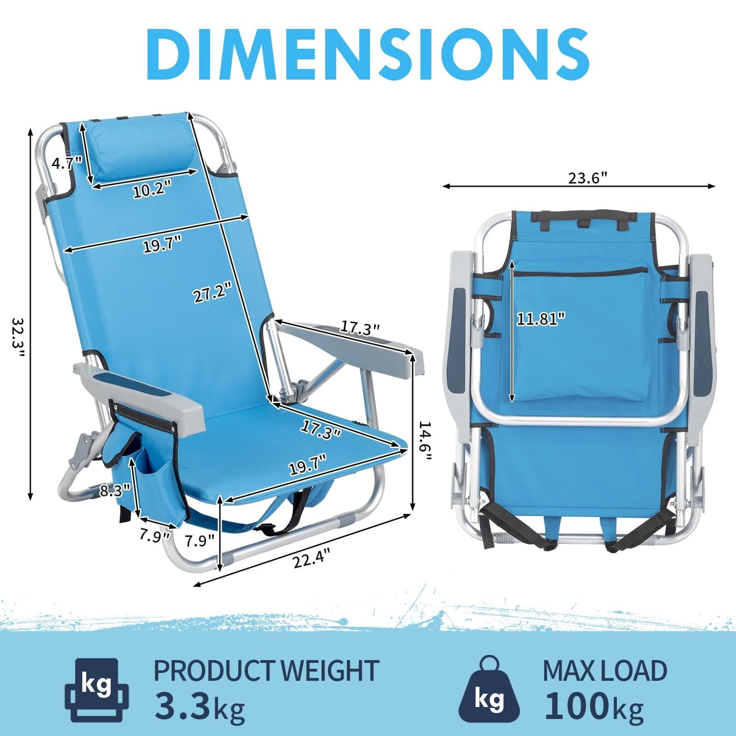 Beach Chairs with 5-Position Recline, 330lbs Folding Backpack Beach Lounge Chairs with Storage Pockets, Cup Holder & Towel Bar, Portable Aluminum Lay Flat Camping Chairs for Travel, Pool & Outdoor