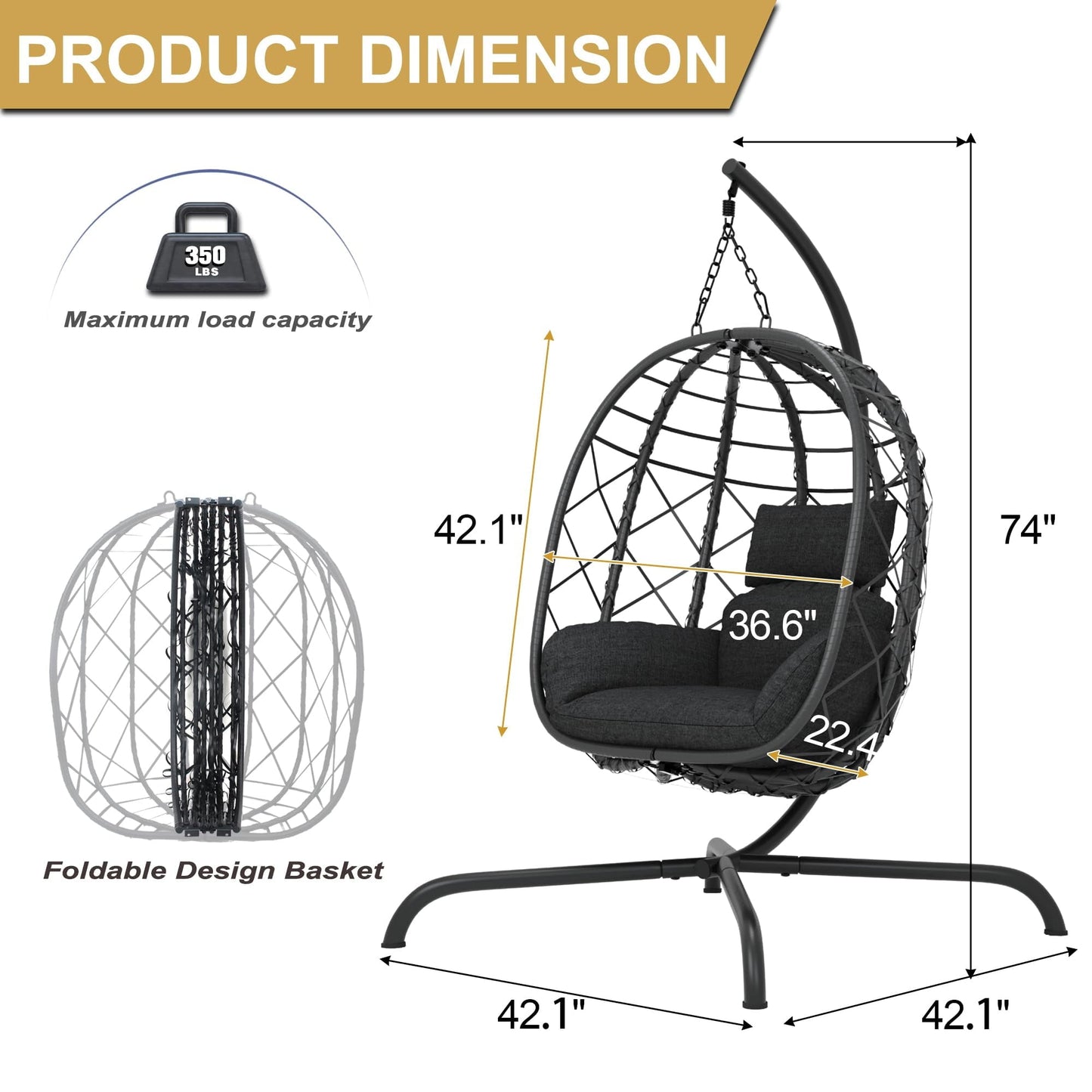 TQKVIPI Wicker Egg Chair Outdoor Indoor,Foldable Patio Hanging Egg Chair with Stand,Swing Chair with UV Resistant Cushion 350lbs Capacity for Bedroom, Patio, Garden and Balcony (Black+Dark Grey)