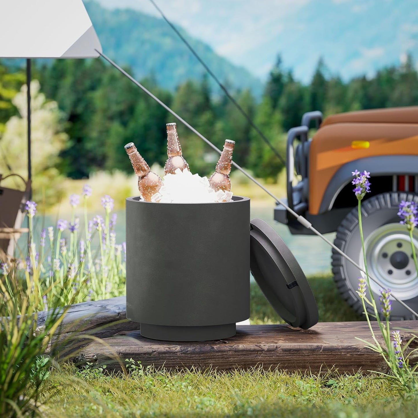 GaoJ 2.6 Gal Outdoor Cooler Side Table, 3-in-1 Cool Coffee Table with Storage, Removable Ice Bucket and Lid, Concrete Small Patio Table for Party, Poolside, Deck, Charcoal Gray