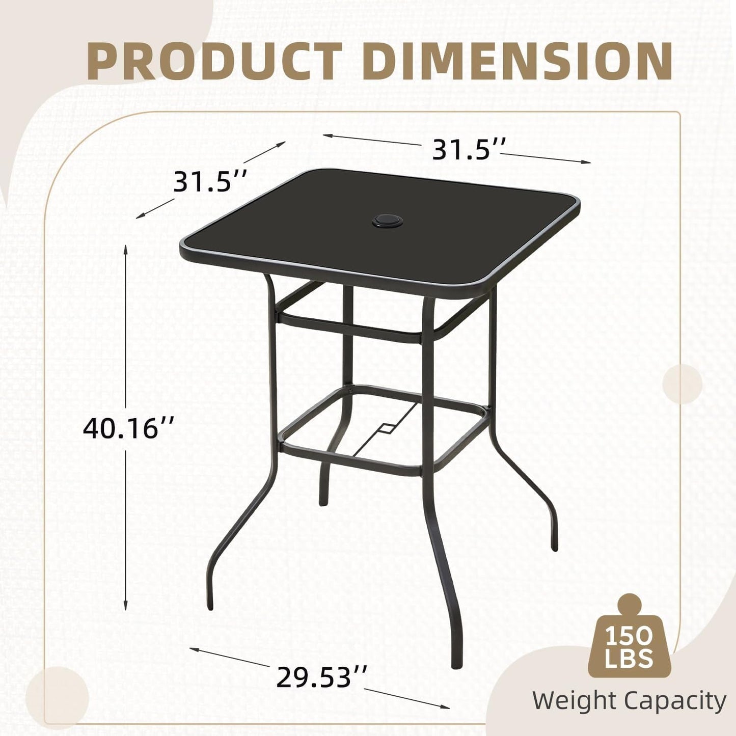 MELLCOM 32'' Outdoor Bar Table, Metal Outdoor Table with 1.57'' Umbrella Hole, High Top Patio Bar with Tempered Glass for Balcony, Backyard, Poolside, Garden, Black