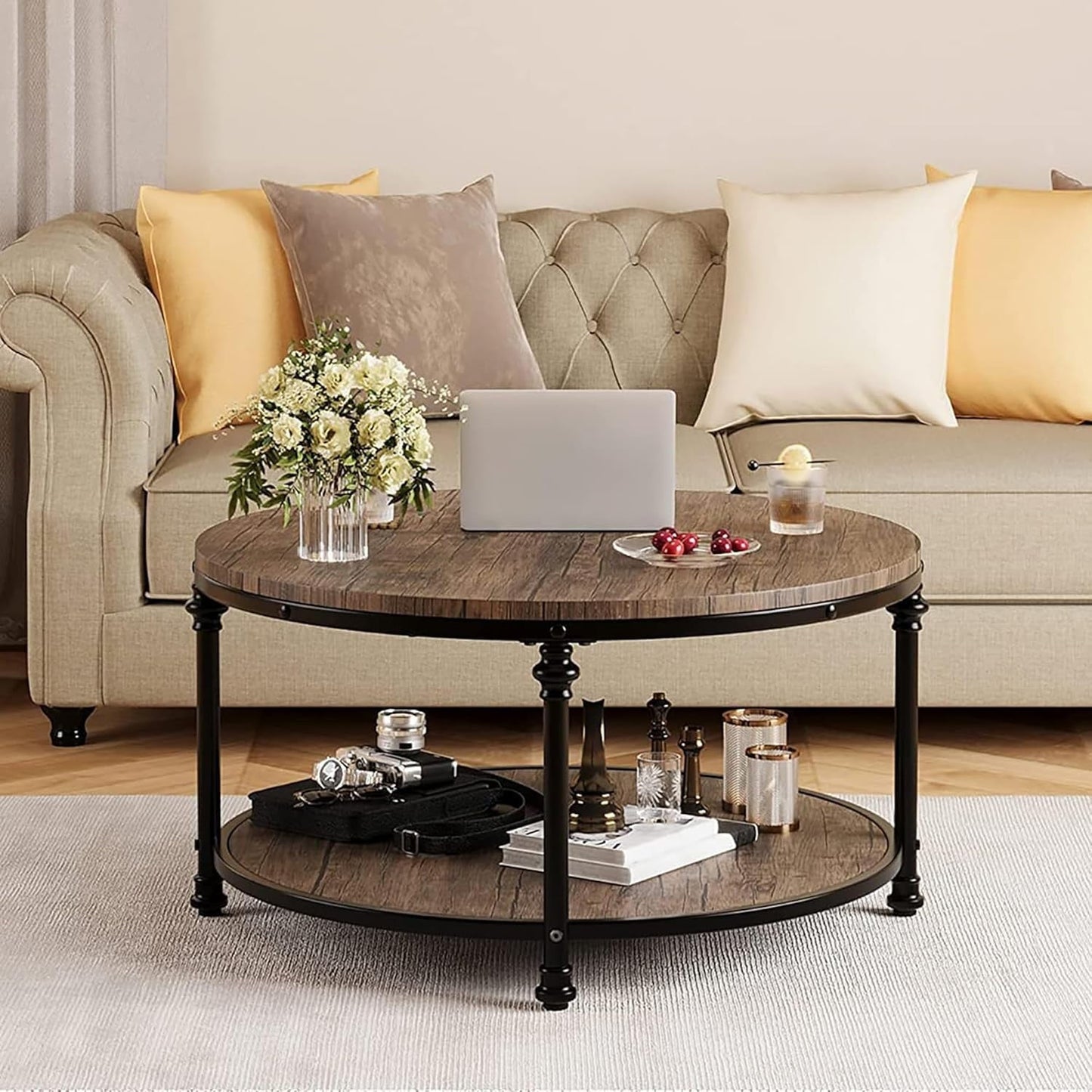 2-Tier Round Wood Coffee Table With Storage Shelf & Roman Column Metal Frame – Rustic Circle Center Table With Easy Assembly for Living Room, Reception Room ，30.5" x 30.5" x 18", Wood Grain Brown