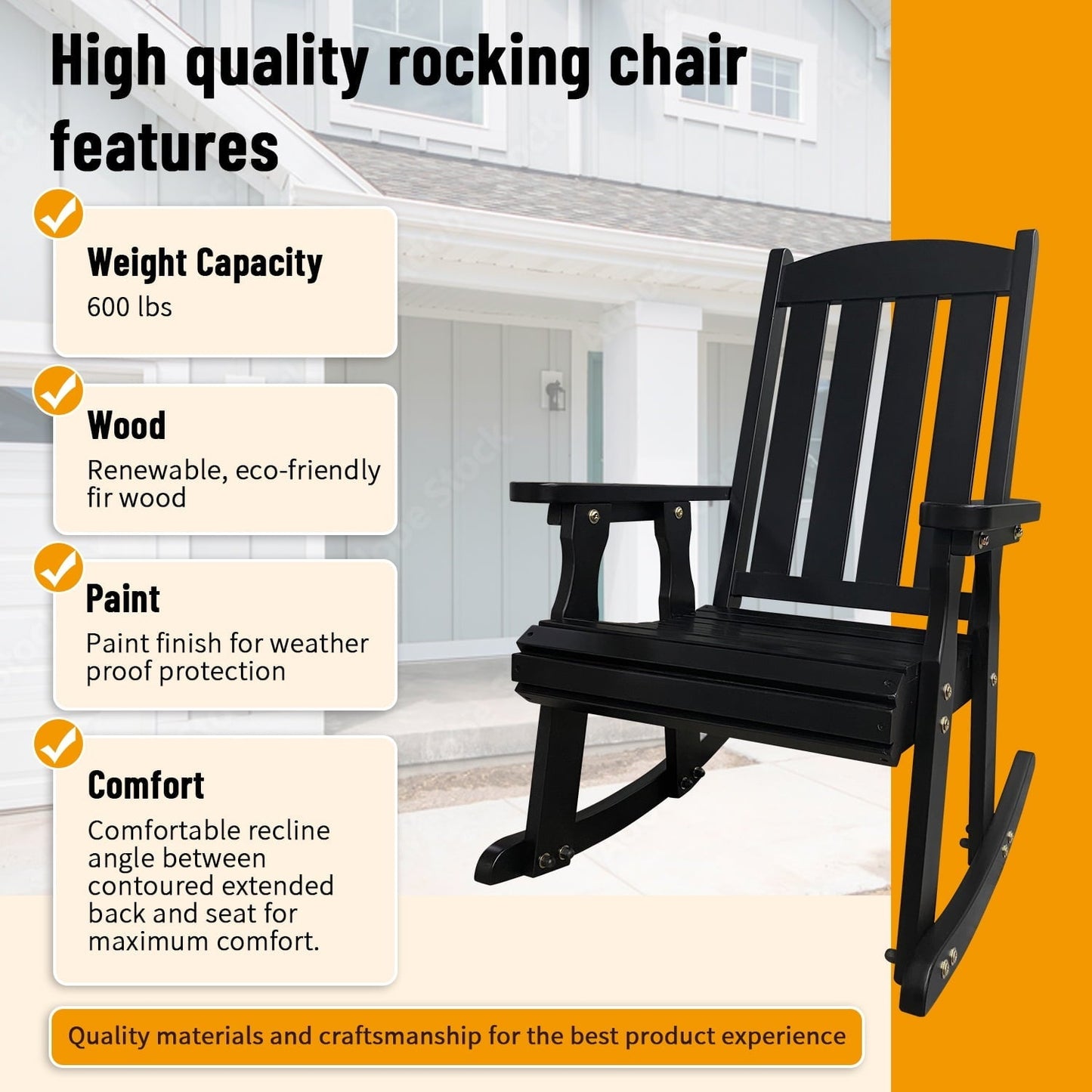 Innovaze Wooden Patio Rocking Chair, Solid Fir Wood, Heavy Duty 600LBS, for Outdoor or Indoor, Black