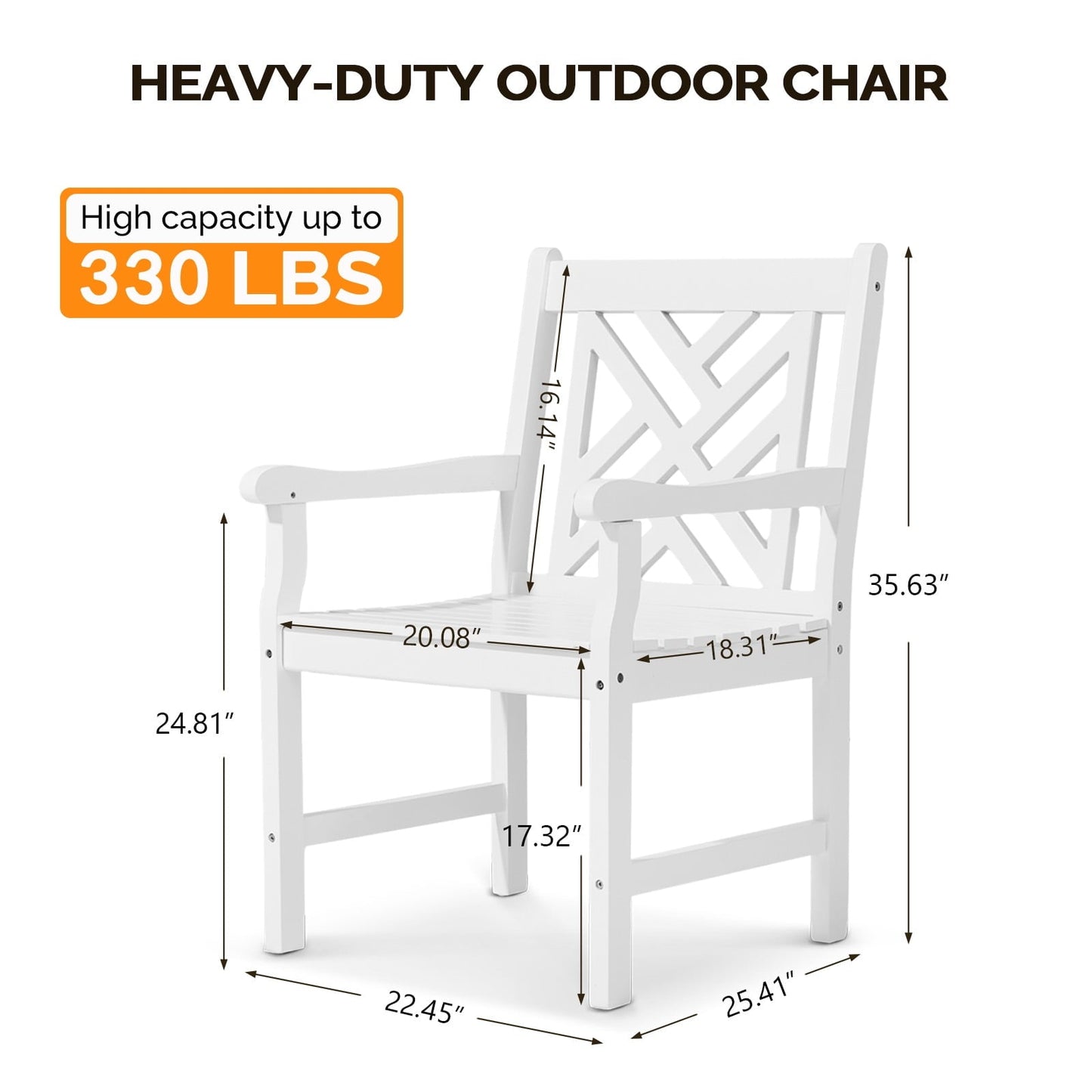 Zimtown 1Pc Patio Dining Chair, Heavy Duty Wood Armchair, Bistro Seating with Slatted Seat ,Outdoor Dining Seating for Indoor Outdoor Balcony Porch Garden, White