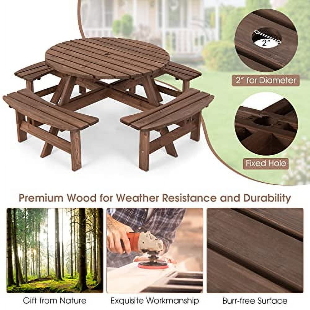 GLACER 8 Person Wooden Picnic Table, Outdoor Round Patio Table with Seat & Umbrella Hole, 2200 LBS Weight Capacity for Patio, Backyard, Garden