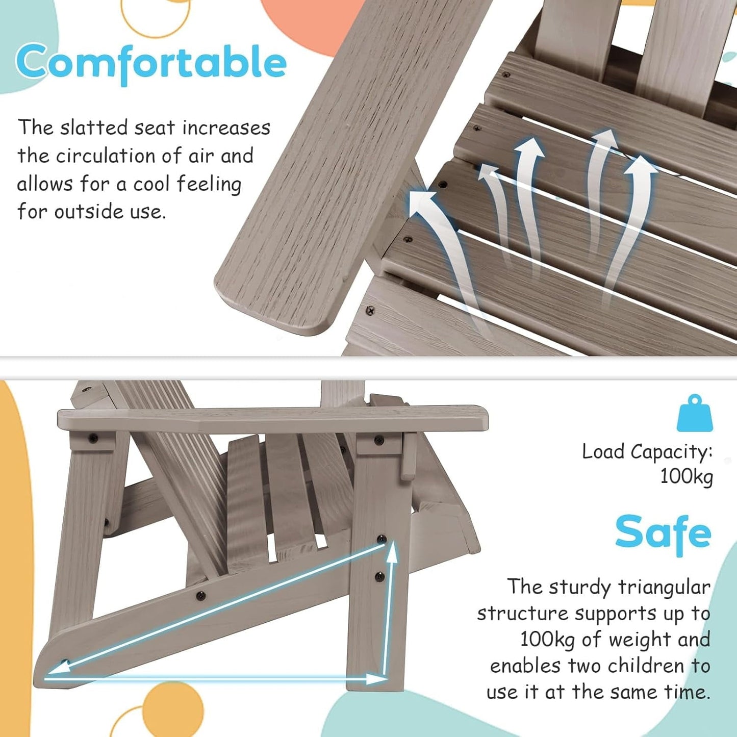 ZgoodZ Small  2-Seat Adirondack Chair - Fir Wood Double Loveseat with High Backrest,Arm Rest,300 LBS Weight Capacity, Outdoor All Weather Porch Chair for Balcony,Backyard,Poolside,Yard（Khaki Grey）