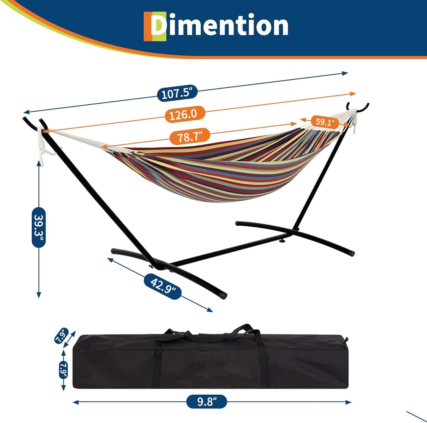 WildBreak Double Hammock 107.5 x 42.9 x 39.3", for 2-Persons, with Steel Stand, Multicolor
