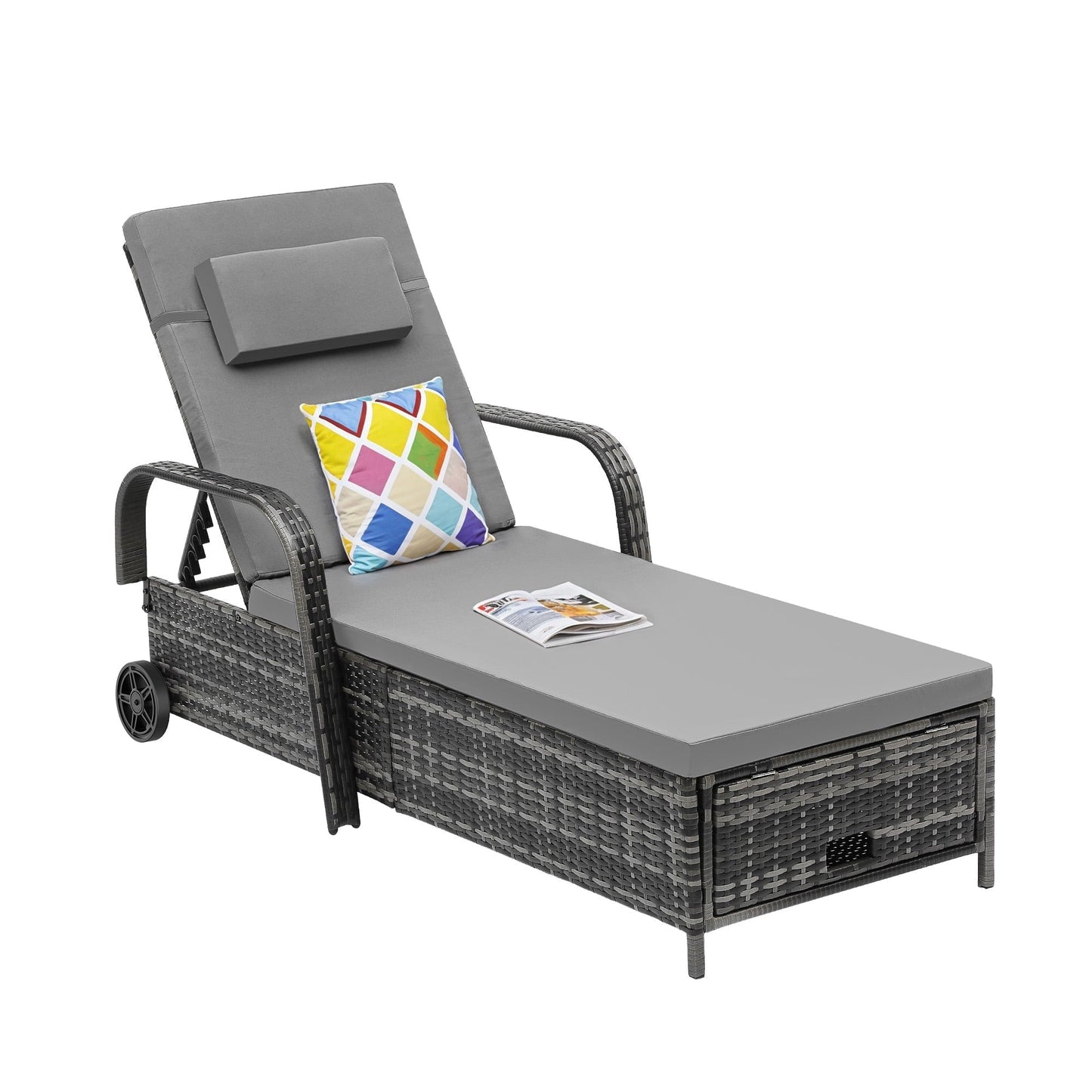 Uforic Wicker Chaise Lounge, 5-Position Lounger with Storage, Cushion, and Wheels, Gradient Gray, 1 Pcs
