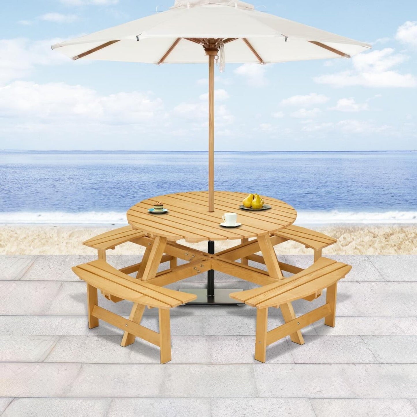 8-person Round Outdoor Picnic Table With 4 Benches & Umbrella Hole, Natural Pine