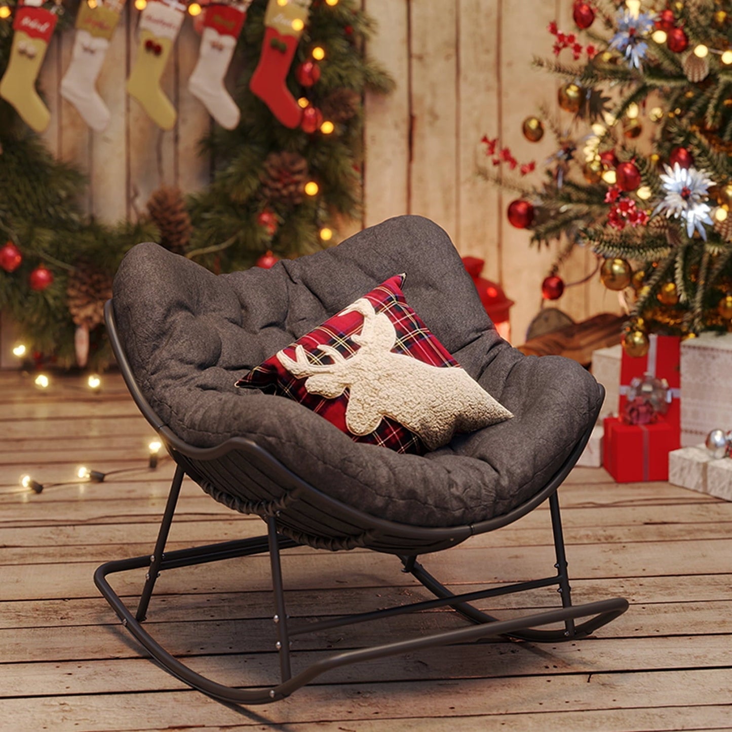 Micleed Papasan Rocking Chair Outdoor, Indoor Wicker Rocking Chair with Cushion, Oversized Rocker Egg Patio Lounge Chairs - Grey