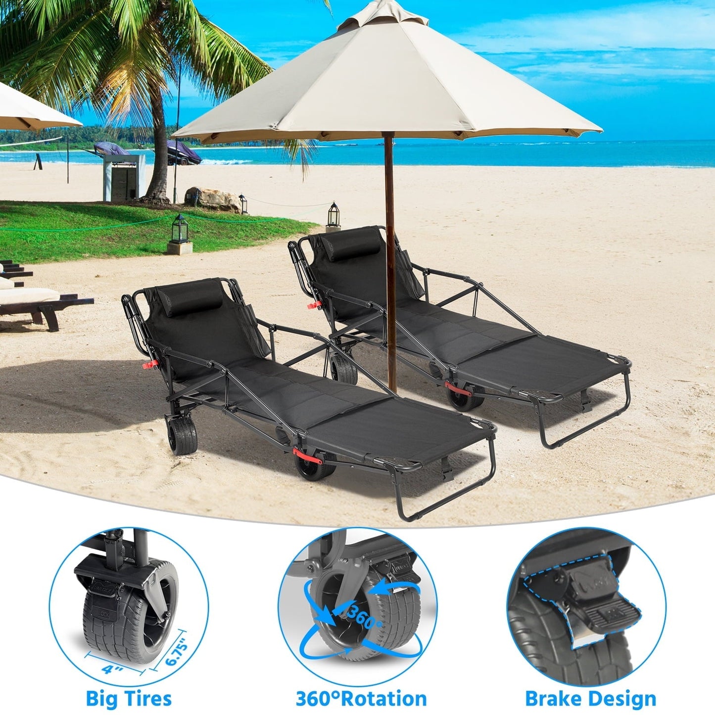 Aoemoe 400-Pound Capacity All-Terrain Beach Chair + Folding Cart 2-in-1,(Black)