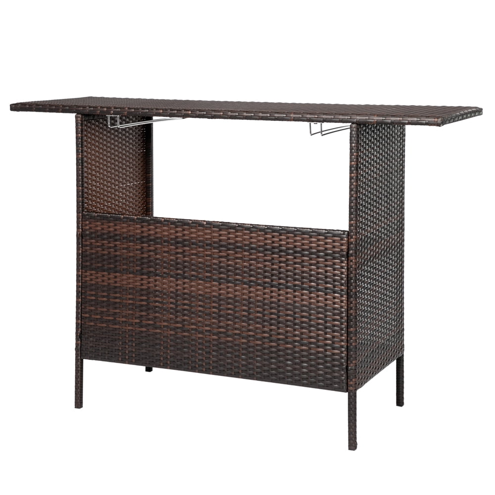 Funnil Patio Rattan Wicker Bar Height Counter Table, Outdoor Patio Furniture Wicker Bar Buffet Table, with 2 Storage Shelves and Wine Glass Racks, Brown