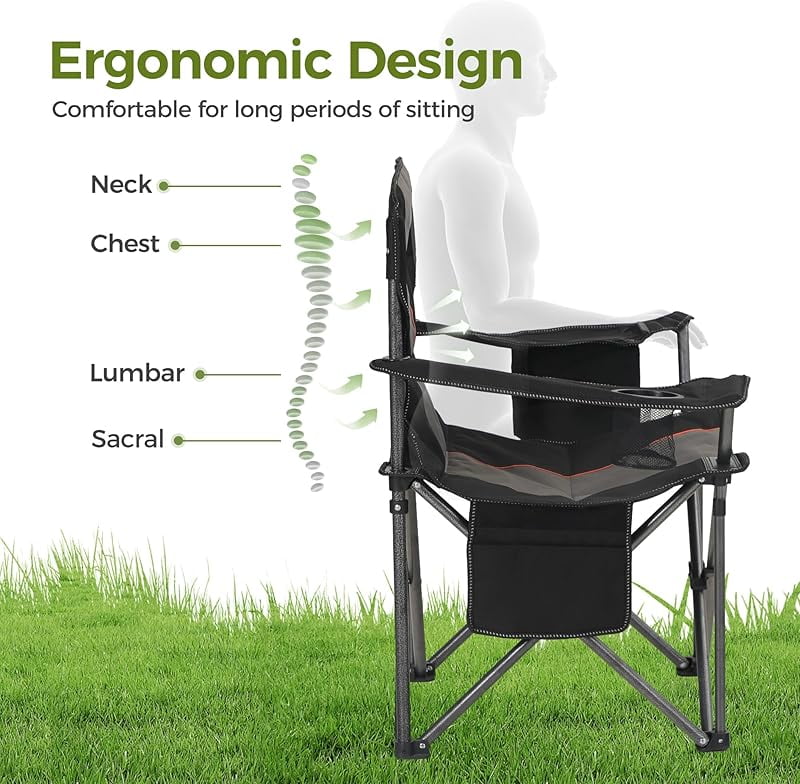 Oversized Camping Folding Chair, Heavy Duty Support 450 LBS Steel Frame Collapsible Padded Arm Chair with Cup Holder Quad Lumbar Back, Portable for