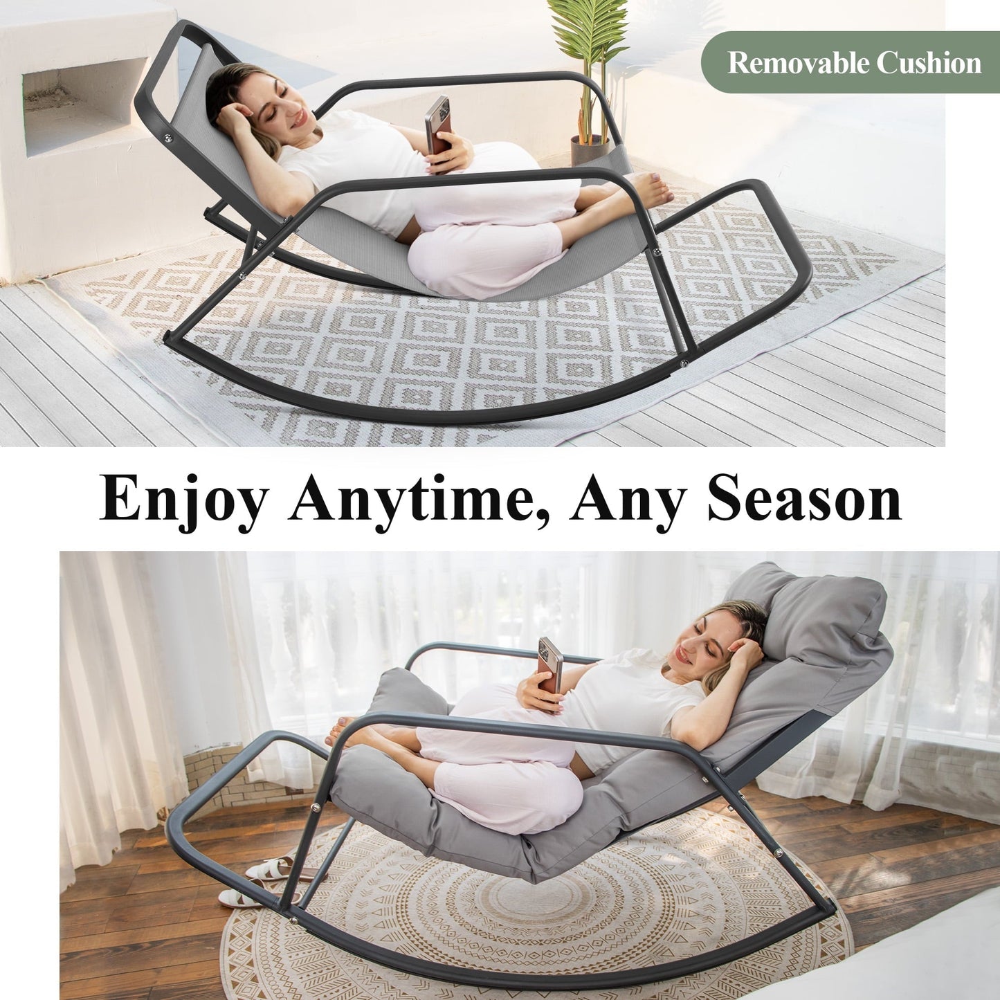 RADIATA Oversize Rocking Chair with Cushion & Footrest, Indoor Outdoor Rocking Chair Recliner, 450 lbs Capacity, Light Grey