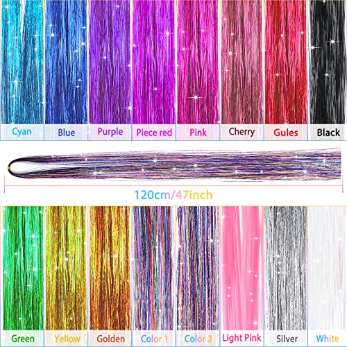 Mckanti 16 Colors Hair Tinsel Kit with Tool, 47 inch 3200 Strands Tinsel Hair Extensions for Women Girls, Fairy Hair Tinsel Glitter Sparkling Shiny Colorful Synthetic Hair for Party Daily Life Fashion