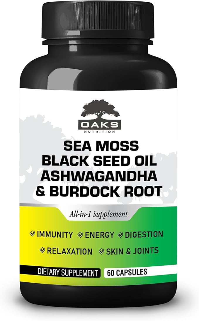 Sea Moss, Black Seed Oil, Ashwagandah & Burdock Root - Antioxidant Multivitamin Blend - 60 Capsules