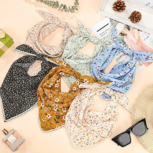 Dingion 6 Pcs Floral Hair Bandanas Head Kerchief Women Bandana Print Chiffon Hair Scarf Triangle Head Kerchief with Ties