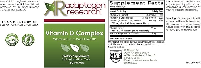 Vitamin D Complex | D3 5000IU with Vitamin A, E (tocopherols and tocotrienols), K1 + K2 | Fat Soluble Vitamins Blend | 60 Softgels