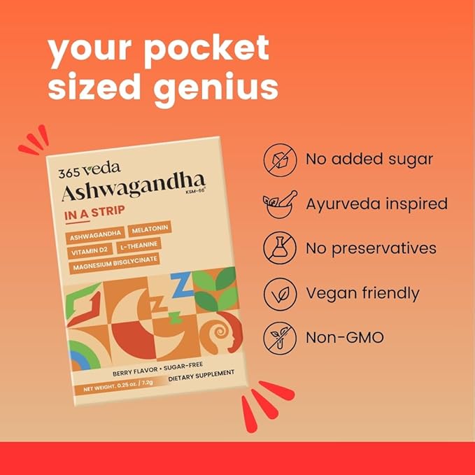 Ashwagandha Oral Strips 100 mg KSM 66 Ashwagandha, L-Theanine, Melatonin, Vitamin D2 and Magnesium, Vegan Strips for Men and Women, Sugar-Free, Non-GMO, 30 Oral Strips (Berry)