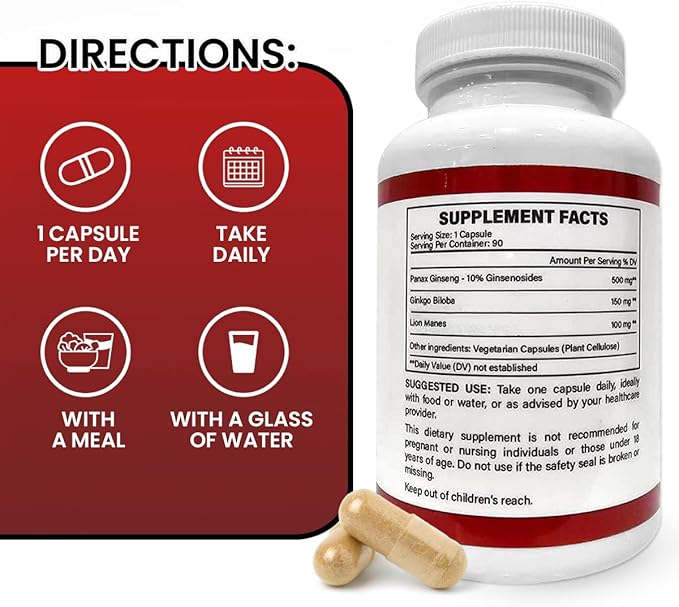 Panax Ginseng 500mg + Ginkgo Biloba + Lions Mane, 90 Vegan Capsules | Extra Strength Ginsenosides for Energy, Mental Focus, Immune Support | Brain Supplement | Non-GMO & Gluten Free Herbal Supplement