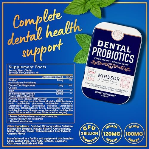 Dental Probiotics for Teeth and Gums - 3BN CFU Lactobacillus Salivarius Acidophilus Casei Tablets - Oral Probiotics for Mouth Bad Breath Treatment for Adults - 45 Chewable Dental Probiotic in a Tin