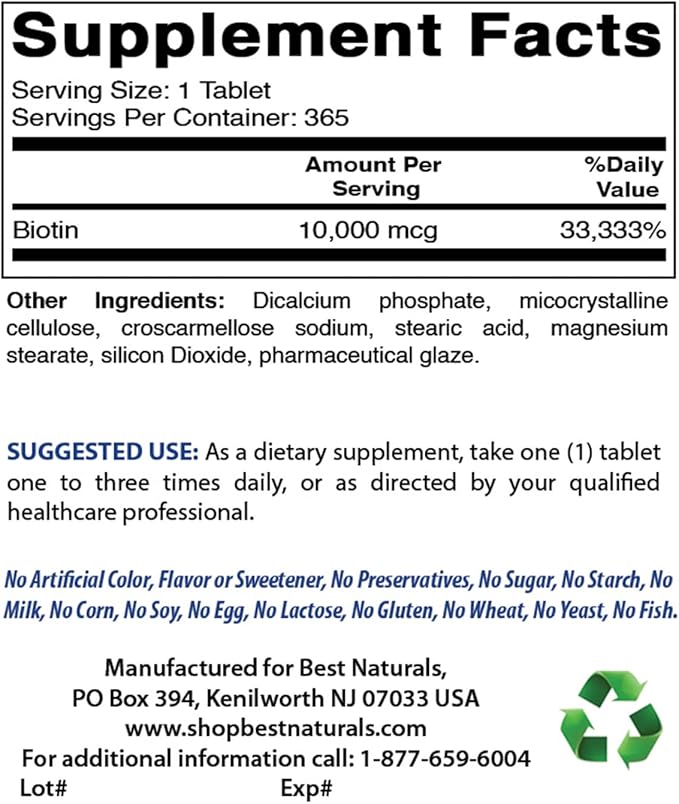 Best Naturals Biotin (Also Called Vitamin B7), 10,000 mcg Tablets (365 Count (Pack of 3))