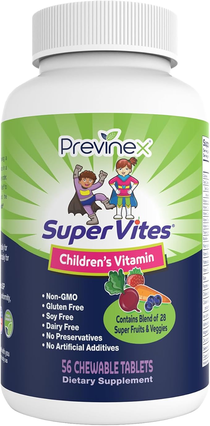Super Vites® - Multivitamin for Kids, Chewable Tablets, Gluten Free, Soy Free, Dairy Free & Preservative Free with 28 Organic Super Fruits & Veggies, 4-Week Supply