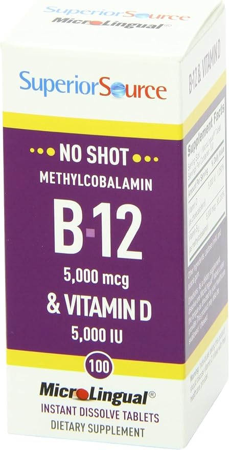 Superior Source NO Shot Methylcobalamin B-12 5,000 mcg with D3 5,000 IU - Energy & Heart Health Supplement - Multivitamin with Vitamin D3 for Bone Support - 100 Instant Dissolve Tablets