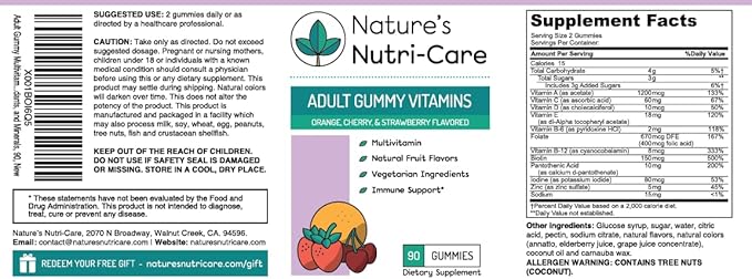 Nature's Nutri-Care Gummy Vitamins - Multivitamins for Women, Mens Multivitamin Gummies, Chewable Vitamin for Adults, Women’s & Men’s Multi Supplements, Natural Vegetarian Gummy, Made in USA