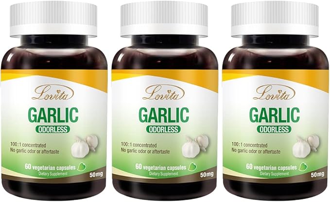 Lovita Odorless Garlic Extract | 50 mg, 100:1 High Concentrate | 1.25% Allicin | Gluten-Free | Support Immune & Cardiovascular Health | 60 Vegan Capsules (Pack of 3)