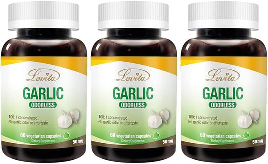 Lovita Odorless Garlic Extract | 50 mg, 100:1 High Concentrate | 1.25% Allicin | Gluten-Free | Support Immune & Cardiovascular Health | 60 Vegan Capsules (Pack of 3)