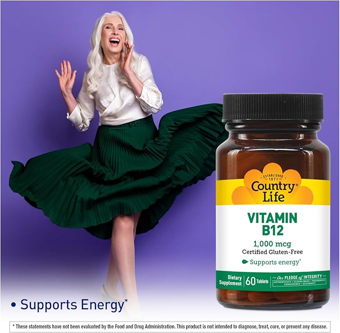 Country Life Vitamin B12 Supplement - Essential for Brain Function, Nerve Health, Red Blood Cells - Ideal for Anemia Prevention - Vegan Vitamin B, 1000 mcg - Gluten-Free, 60 Tablets