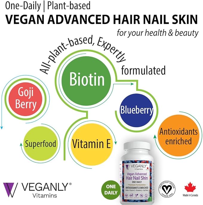 Vegan Advanced Hair Nail Skin One-Daily, 60 Veggie Caps -Antioxidant Enriched. Improve Hair, Improve Skin Health and Nail Health - Plant Based with Biotin & Natural Superfood