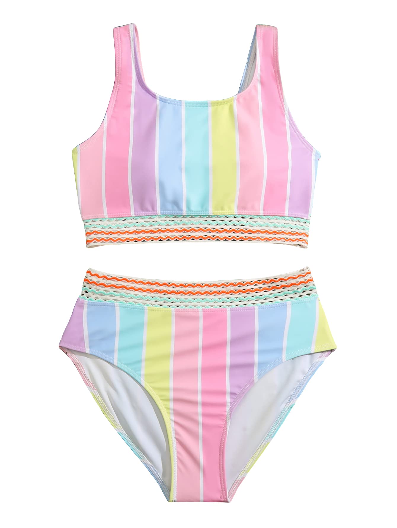 Milumia Girl 2 Piece Striped Bikini Swimsuit Contrast Mesh Scoop Neck Bathing Suit Pink Blue 14 Years